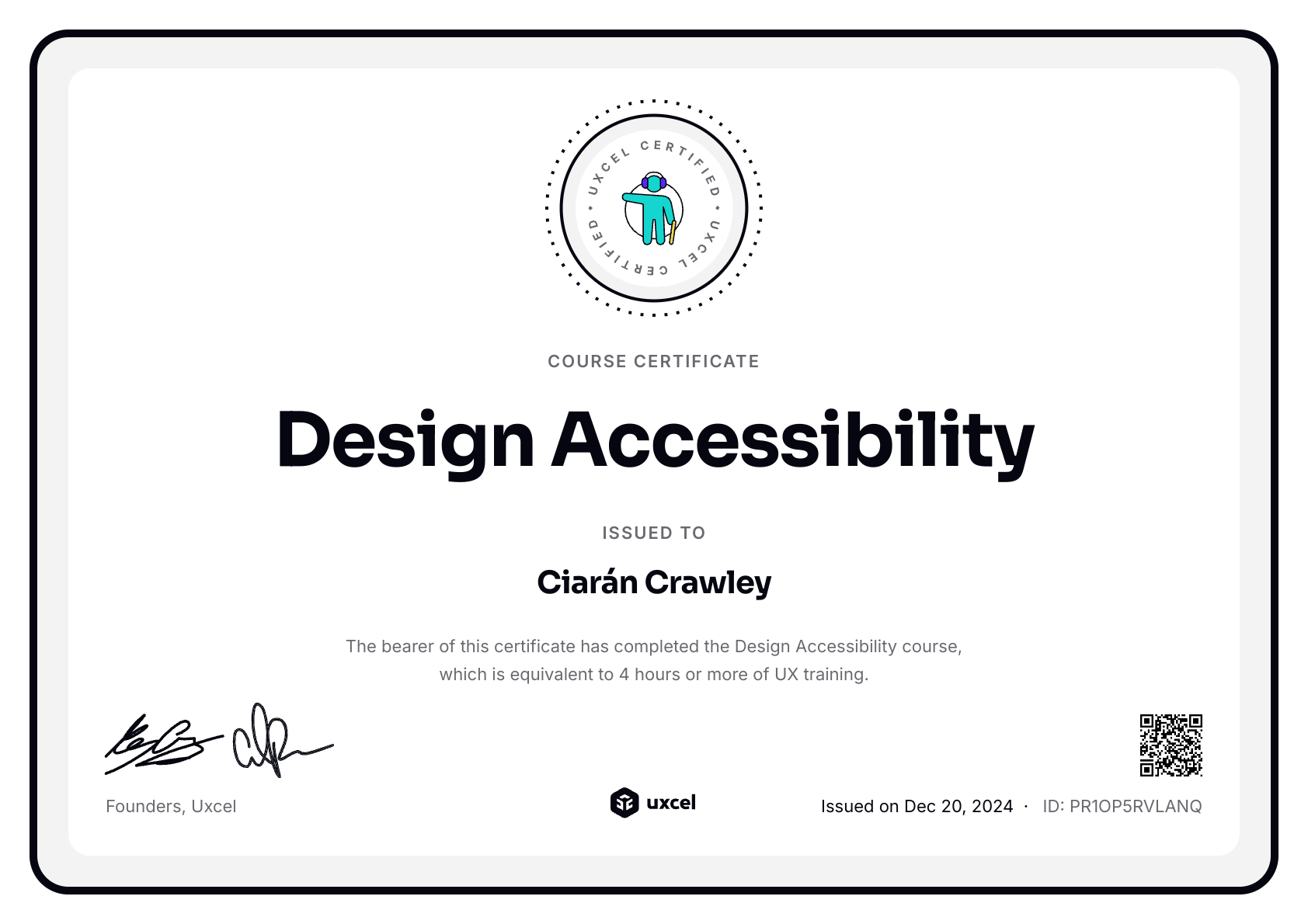 Ciarán Crawley's certificate